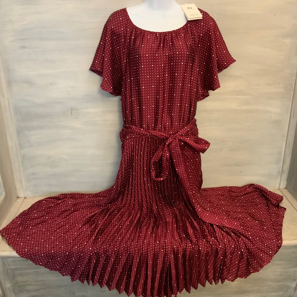 Free Assembly Satin Burgundy White Polka Dot Pleated Midi Dress Size XXL NWT